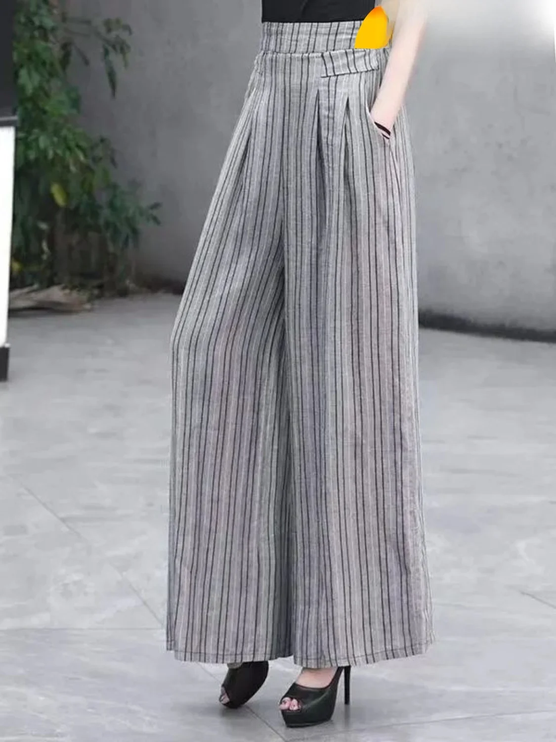 

Брюки с высокой талией и широкими штанинами, полосатые, из льна и хлопка, повседневные, прямого кроя, свободного силуэта, модная женская одежда для весны и лета