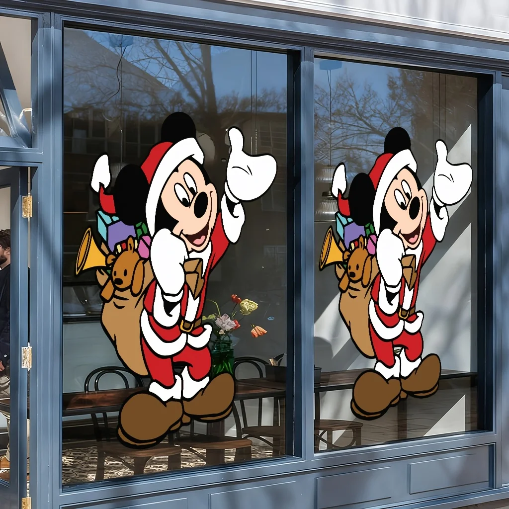 1 ملصق نافذة عيد الميلاد من ديزني، سانتا كلوز ميكي مع تصميم حقيبة هدايا - مناسب للزجاج والجدران والثلاجة والمرايا وديكور الغرفة