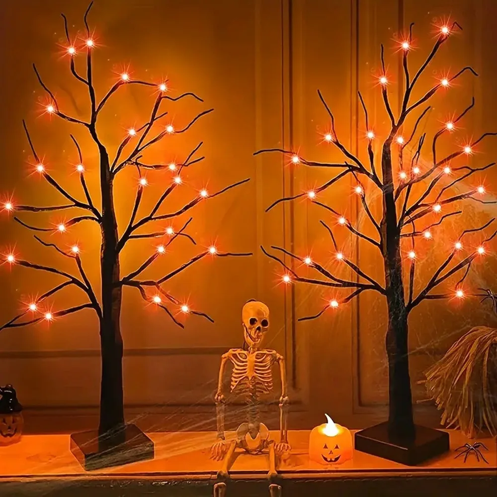 Bateria operado Halloween Birch Tree, laranja e roxo Light, abajur, Indoor Home Party, Decorações de Halloween, Night Light
