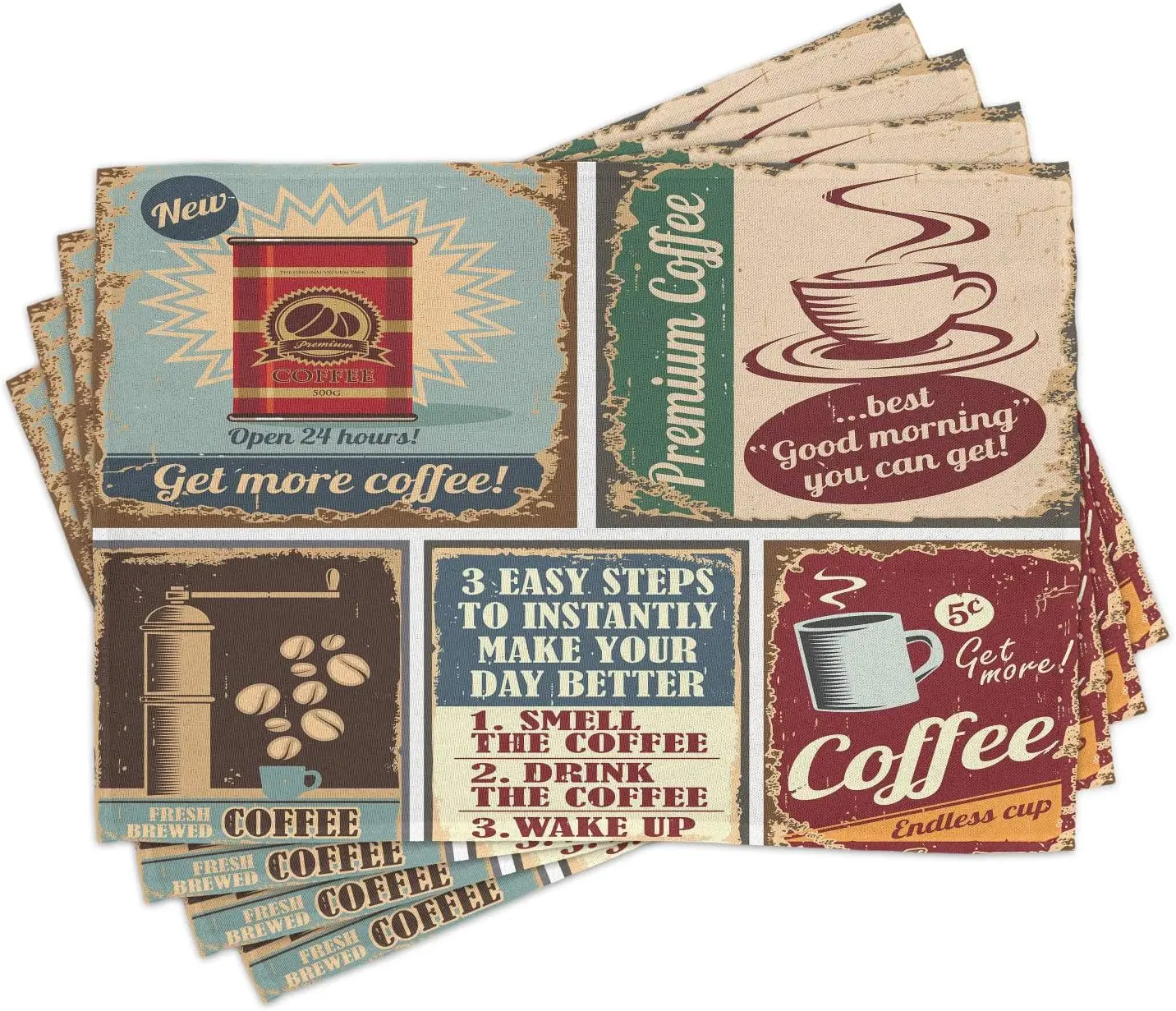 1950s Place Mats Set of 4 Coffee Posters and Signs Design Bean Cup Espresso Mug Cappuccino Logo Print Washable Placemats