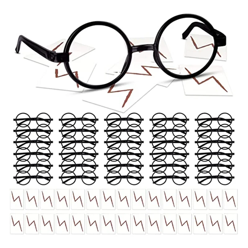 A71Z 30 PCS Wizard Round Glasses Frame No Lenses Eyeglasses Black With 30 Pieces Bolt Tattoos For Kids Halloween Party