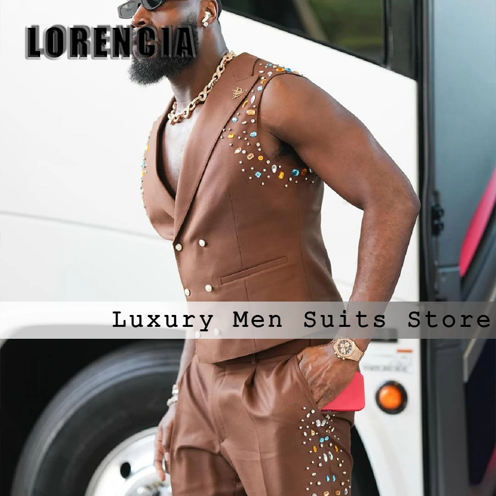 

Leisure Colorful Crystal Suits for Male 2 Pieces Double Breasted Wedding Party Outfits Customized Vest Pants trajes para hombre