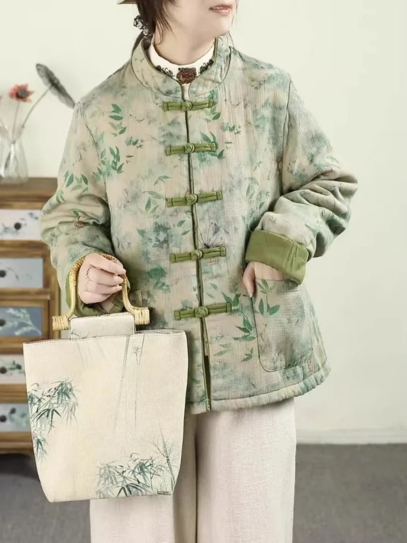 Artistic Retro Chinese Style Printed Stand Up Collar Short Coat Women's Autumn Wnter Loose Contrasting Plate Button Jacket w1025