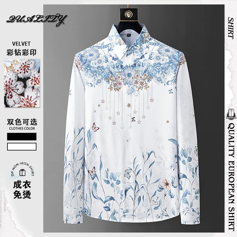 Camisa Masculina Luxury Flower Rhinestone Printed Shirts Men Long Sleeve Casual Business Dress Shirts Social Party Tuxedo Blouse