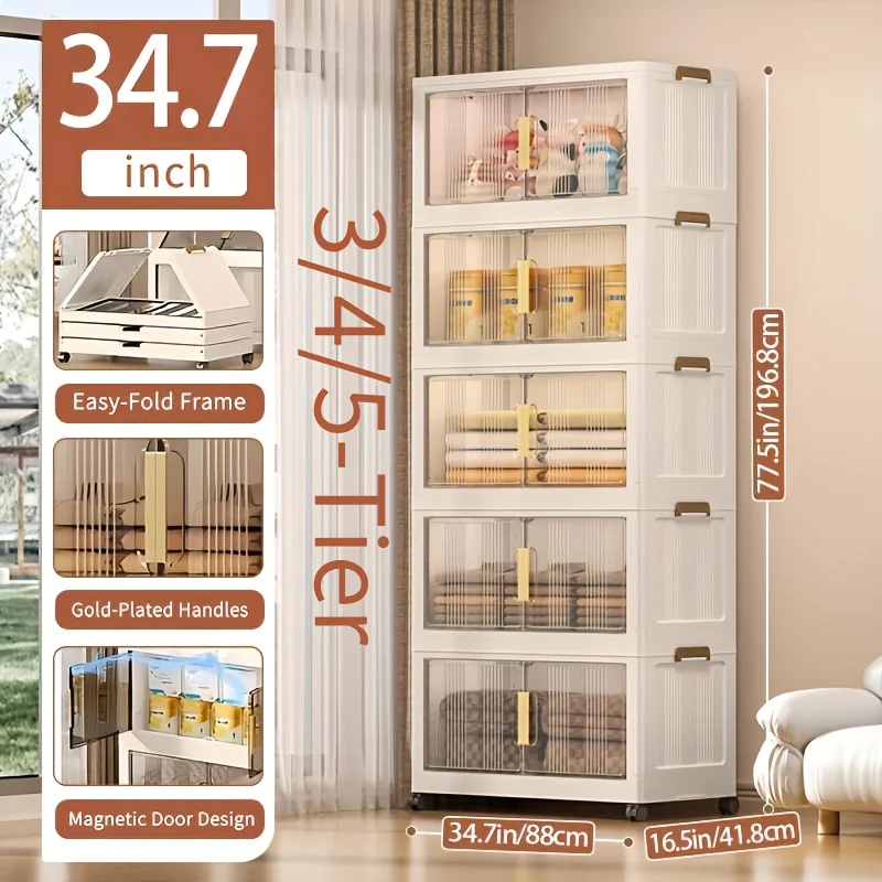 

3/4/5-Tier Extra Large 34.7 Inch Plastic Storage Cabinet - Stackable Bins with Doors & Wheels, Foldable Space-Saving Organizer