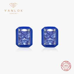 YANLOK 925 Sterling Silver High-end Luxury Sea Blue Enamel Crushed Ice Cut CZ Stud Earrings For Women Fine Jewelry