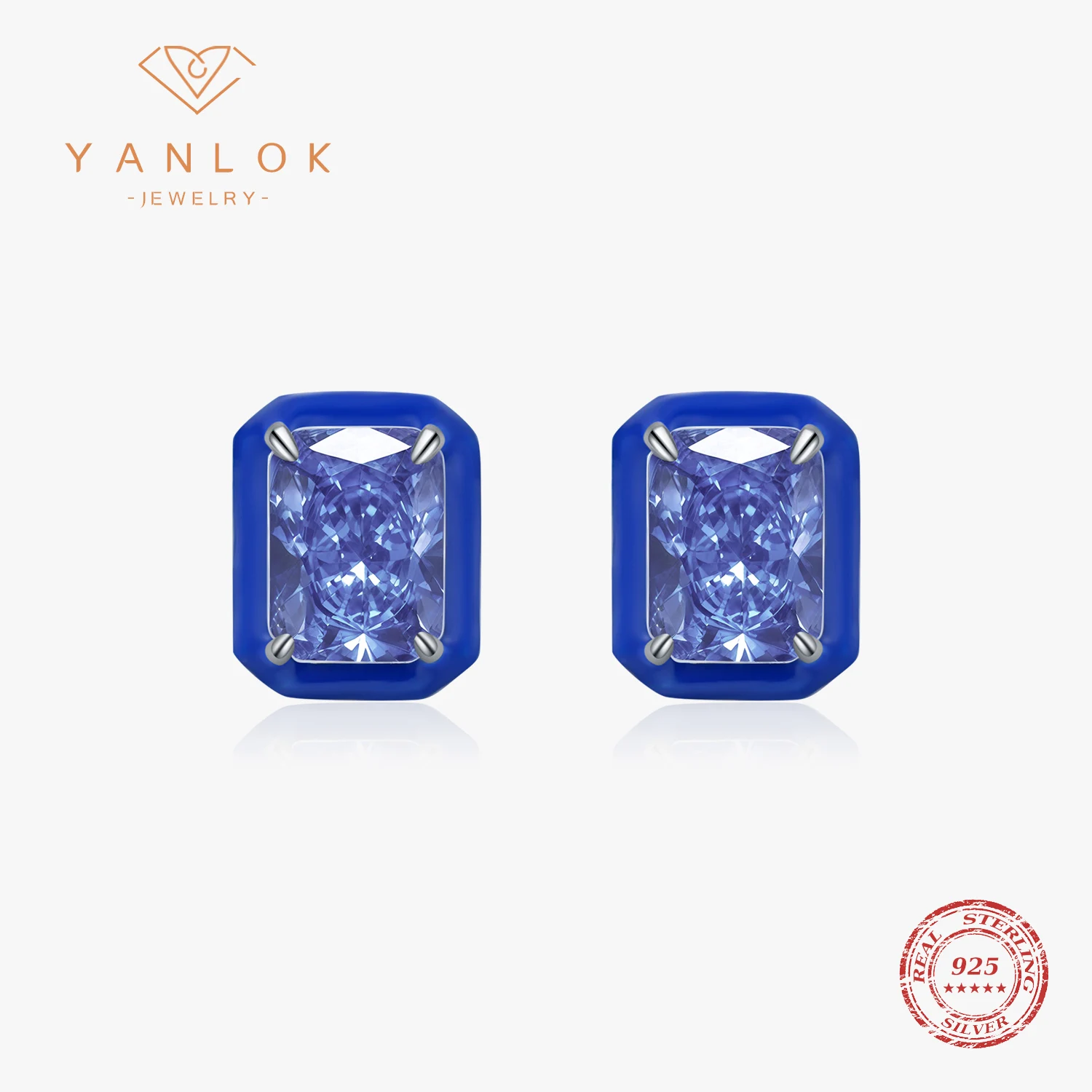 YANLOK 925 Sterling Silver High-end Luxury Sea Blue Enamel Crushed Ice Cut CZ Stud Earrings For Women Fine Jewelry