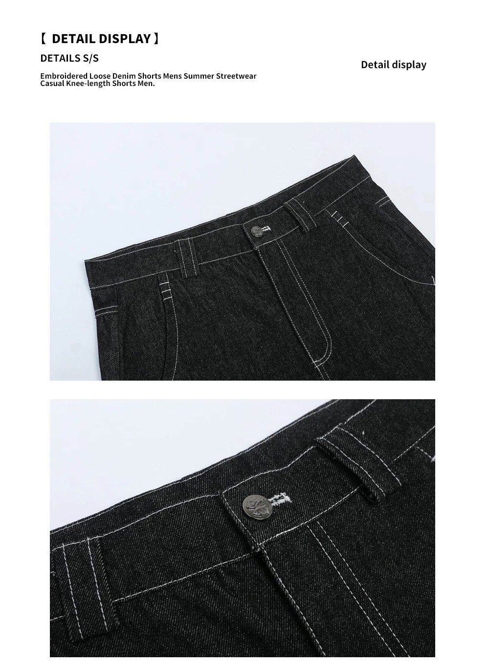 Bestickte lose Jeans shorts Herren Sommer Streetwear schwarze knielange Jeans shorts – Detail 9