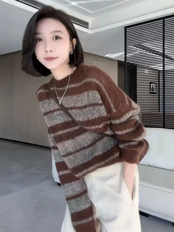 

Корейский вязаный свитер Laid-ba Sle в кофейную полоску, женский осенне-зимний внутренний свитер, верхняя одежда, топ небольшого размера