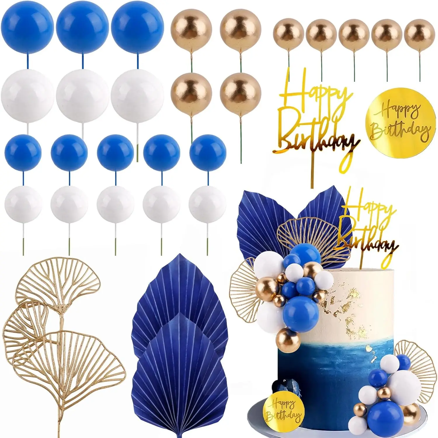 Bola de oro blanco y azul para decoración de tartas, adornos para magdalenas, decoraciones para insertar pasteles para cumpleaños, boda Bohemia, fiesta de Baby Shower