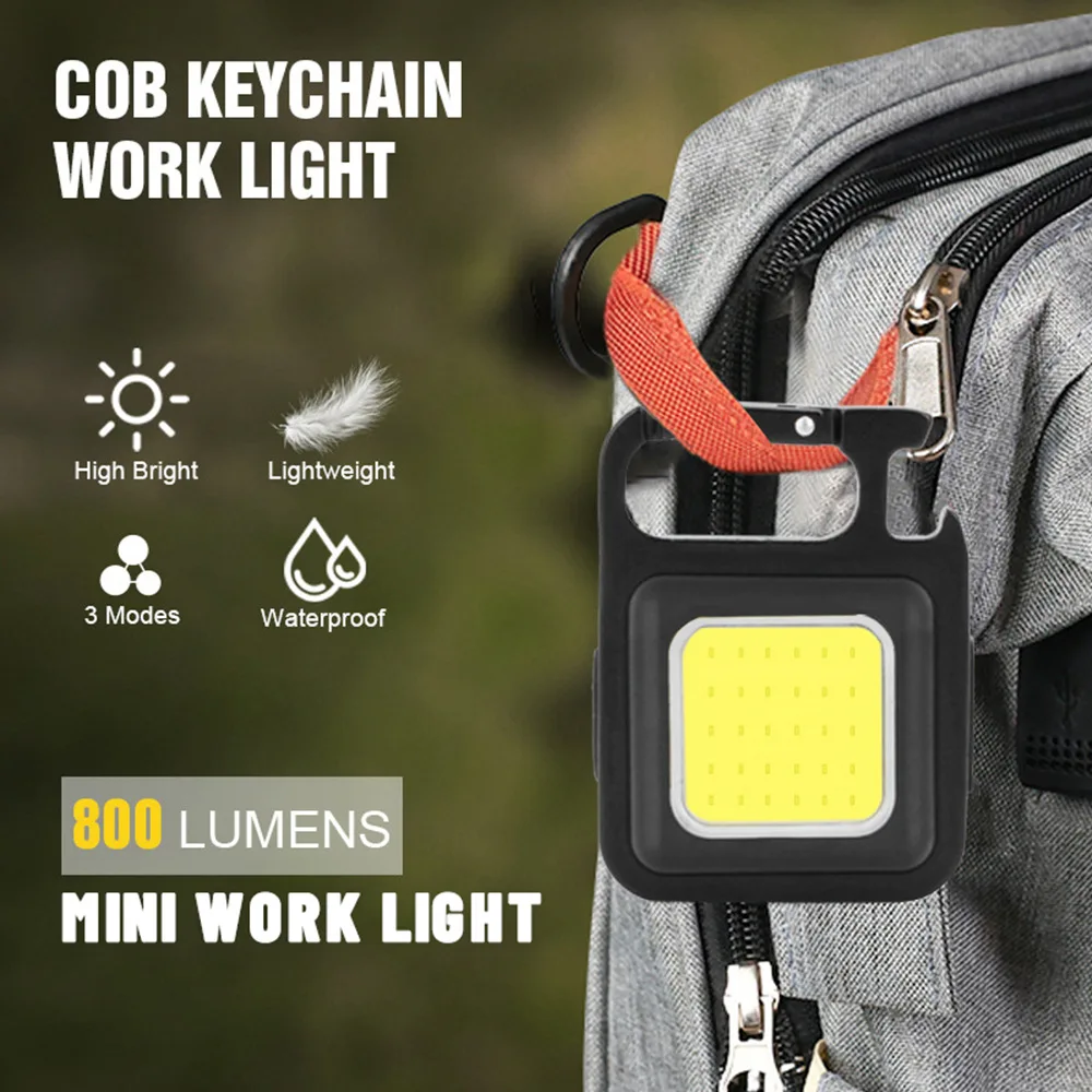 Mini Luz Forte Luz de Chaveiro Luz de Trabalho COB Recarregável USB com Reparação Magnética Luz de Emergência Suporte Dobrável Abridor de Garrafas 800 Lumen Lanterna LED de Bolso Pequena para Campismo Exterior