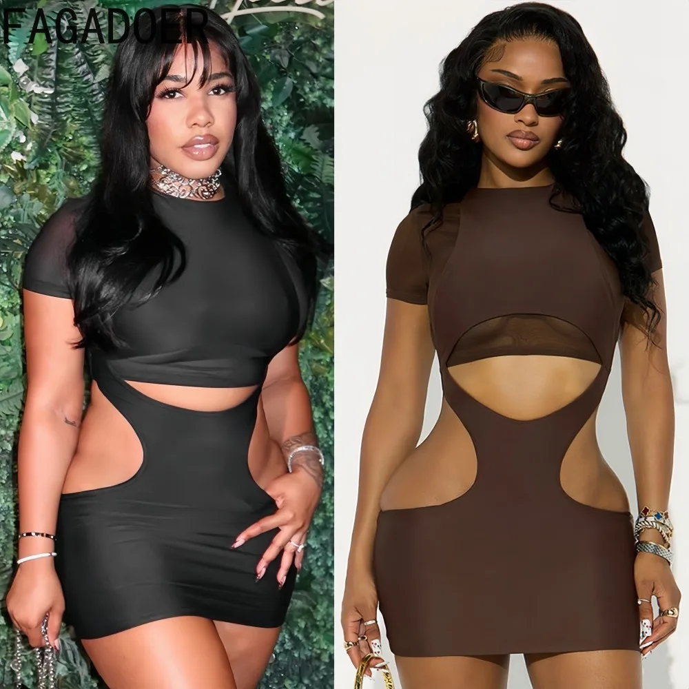 FAGADOER Sexy Mesh Hohl Patchwork 2-teiliges Set für Frau Outfits Einfarbig Kurzarm Crop Top und Rock Weibliche Streetwear