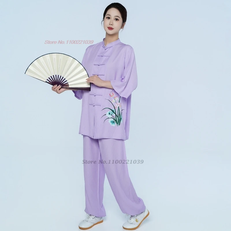 Strój do chińskiego tai chi wushu 2026, uniform do kungfu, strój do treningu, retro kwiatowy nadruk, bawełna i len, sztuki walki wushu, na zewnątrz, do chodzenia. — zdjęcie 5