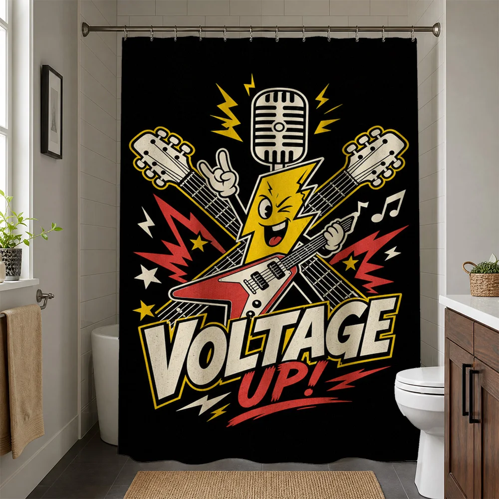 Waterproof Shower Curtain Rock Music Guitar Theme Black Background Retro Bathroom Decor Voltage Up Fun Shower Liner