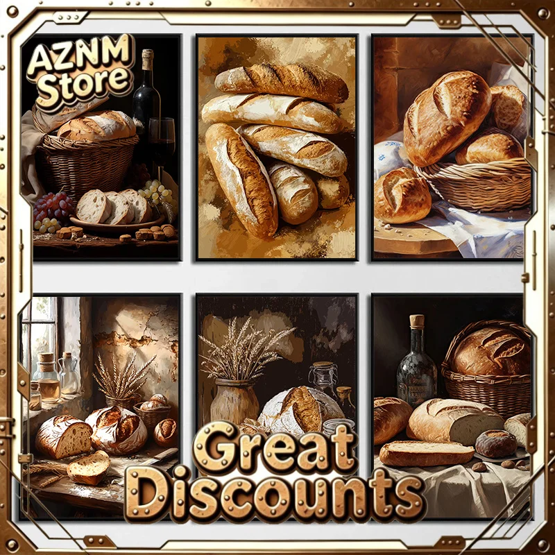2026 Bread Still Life Vintage Poster Kitchen Food Loaves Baguettes Canvas Printing Rustic Retro Wall Art Picture Farmhouse Home 