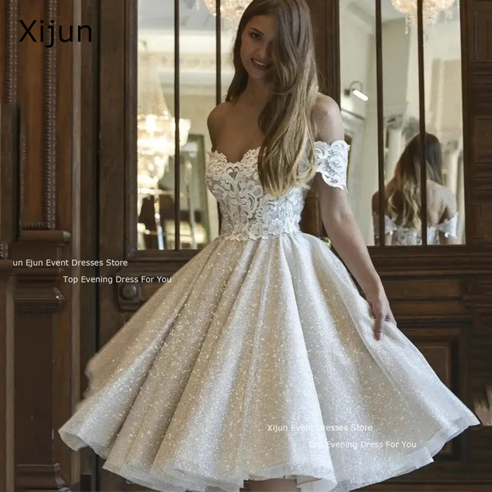 

Xijun Short Glitter Wedding Dresses Tea-Length Off Shoulder Elegant Women Bridel Gowns Lace Applique Shiny Princess Party Dress