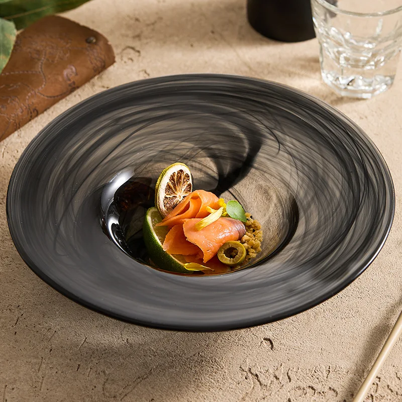 

Ink Patterned Glass Plate, Wide Edged Straw Hat Plate, Tableware, Fruit Plate, Household Salad Bowl, Soup Bowl, Kitchen Utensils