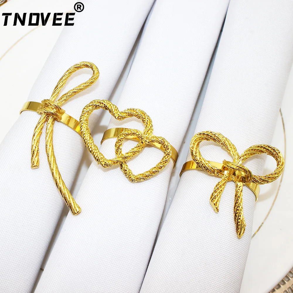 

6Pcs Gold Napkin Rings Metal Bowknot Heart Design Napkin Holder for Wedding Party Holiday Banquet Christmas Dinner Table Decor