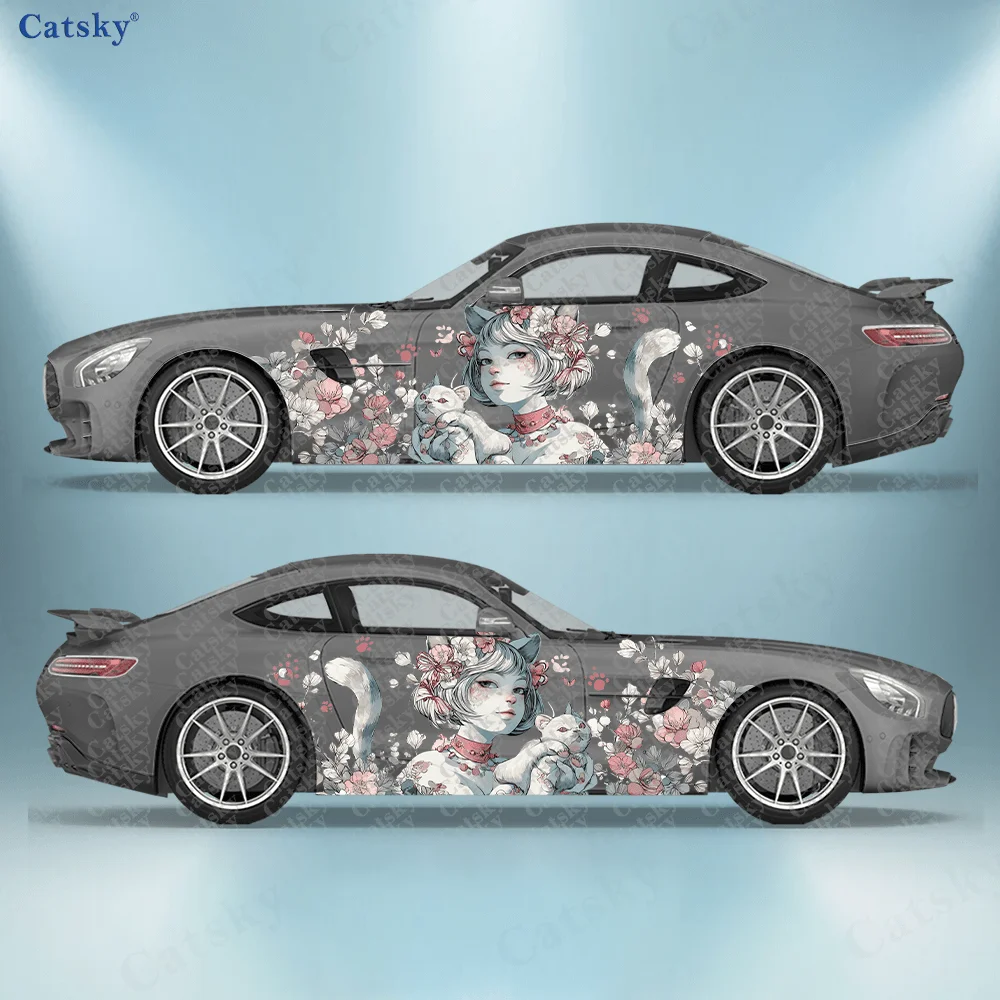 

2pcs Anime cat girl Car Side Wraps, Self-Adhesive PVC Waterproof & Scratch-Resistant Stickers, Car Accessory Gift
