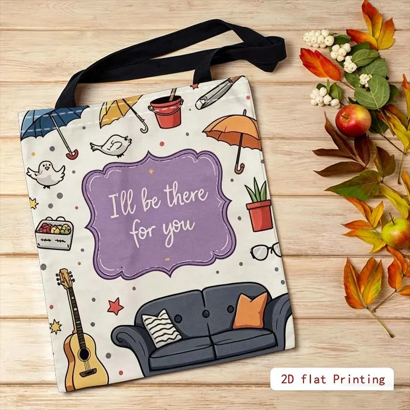 1pc [Tote Bag] 2D Flat Effect, Fresh And Youthful Friends Cartoon Illustration Text Pattern Tote Bag, New Large Capacity, Suitab