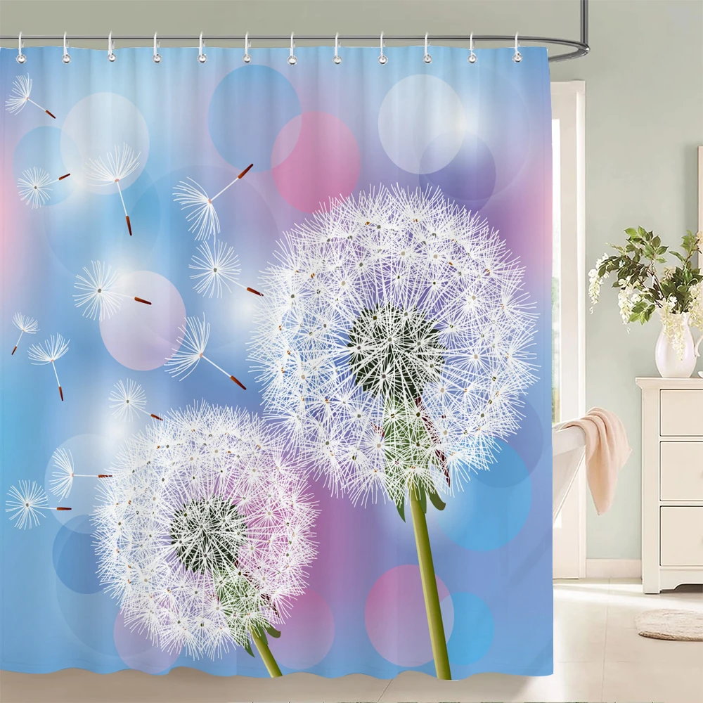 1 pc dandelion pattern polyester material shower curtain waterproof fabric, plant printed partition curtain for bathroom