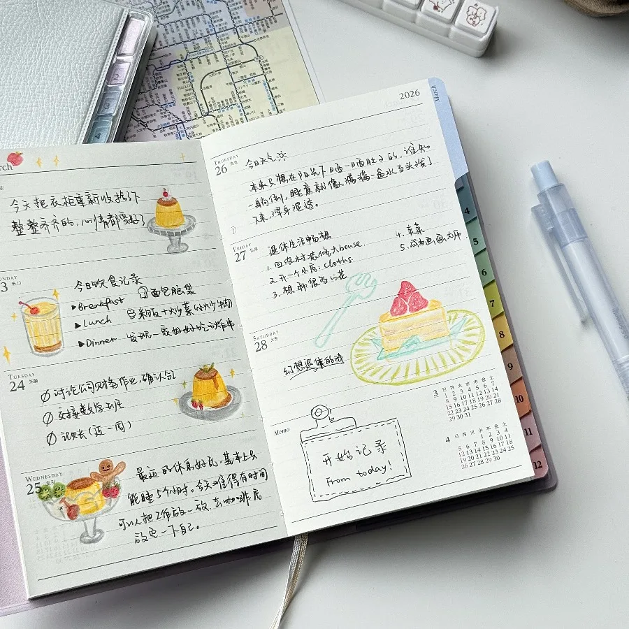 دفتر التقويم مذكرات 2026 مخطط مع مؤشر قوس قزح الجدول القشرية كتيب عالية القيمة ملاحظات العمل الخطة الأسبوعية الشهرية