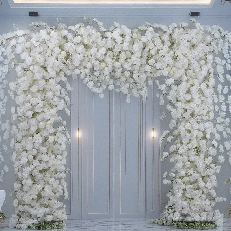 

Fake White Rose Square Arch Flower Wedding Setup Flower Row Ball Proposal Window Decor Event Celebration Choice Silk Material