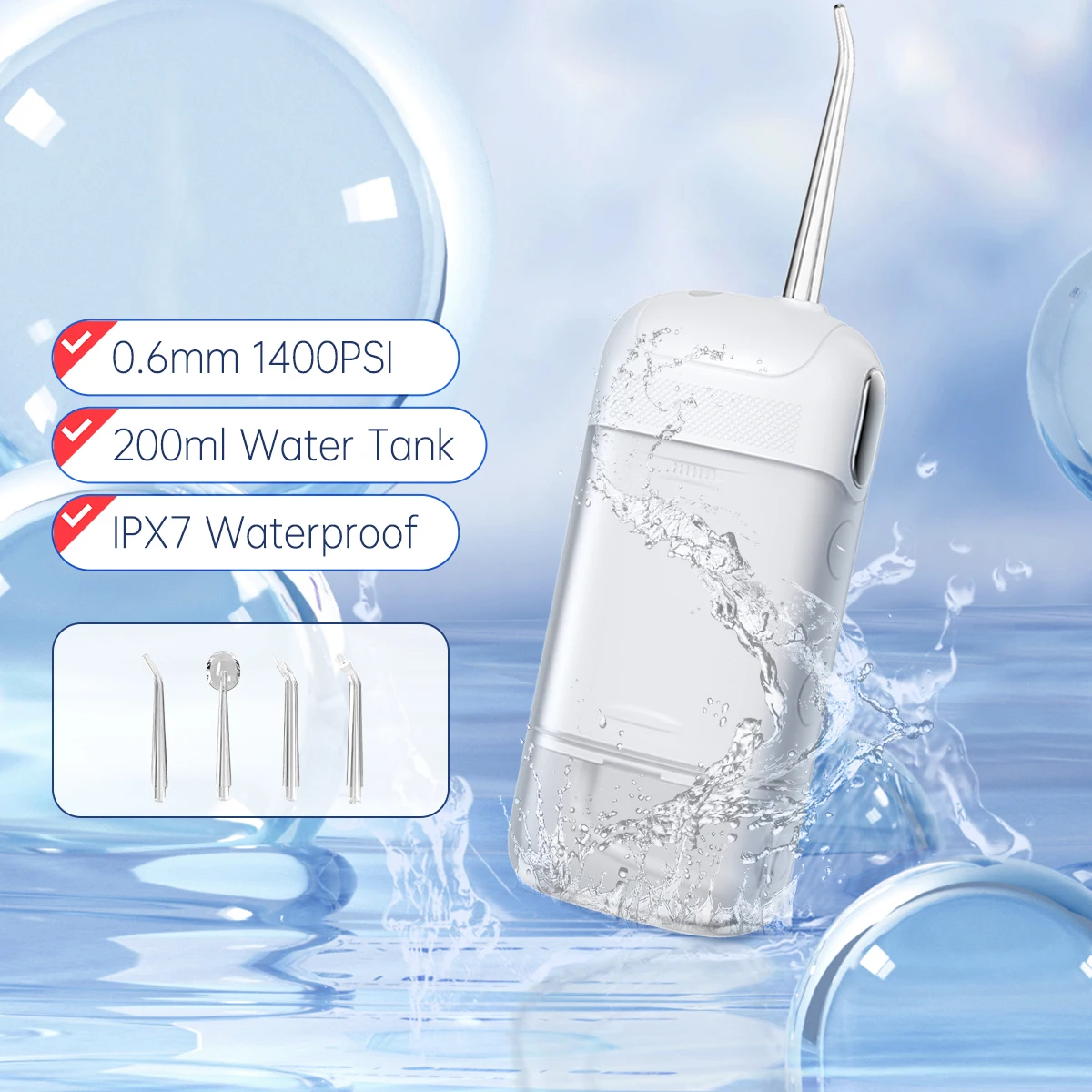

Professional Water Flosser 1400PSI - 3 Modes, 4 Nozzles, 200ML Tank, IPX7 Waterproof, Portable Oral Irrigator