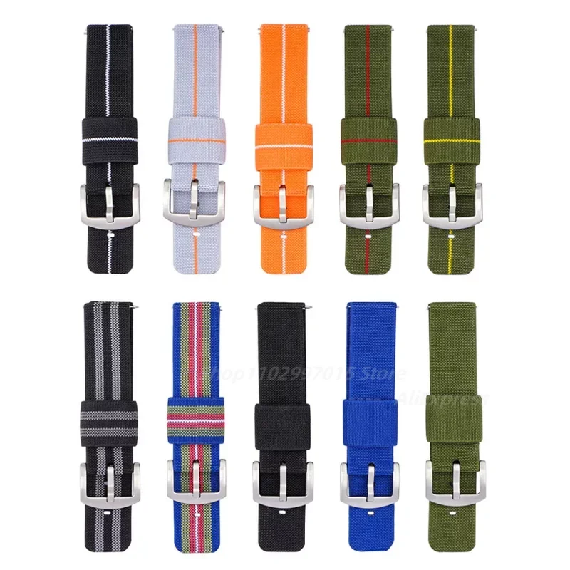 Nylon-Uhrenarmband, geeignet für 18 mm, 20 mm, 22 mm, 24 mm breite Uhren, silberne Schnalle, Stretch-Nylon-Canvas-Armband