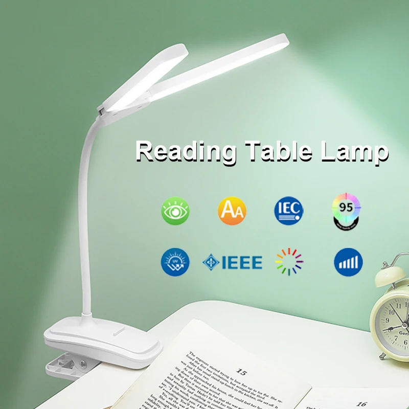 

Double Head Clip Table Lamp USB Rechargeable LED Eye Protection Study Lamp Dimming Touch Reading wireless Night Light