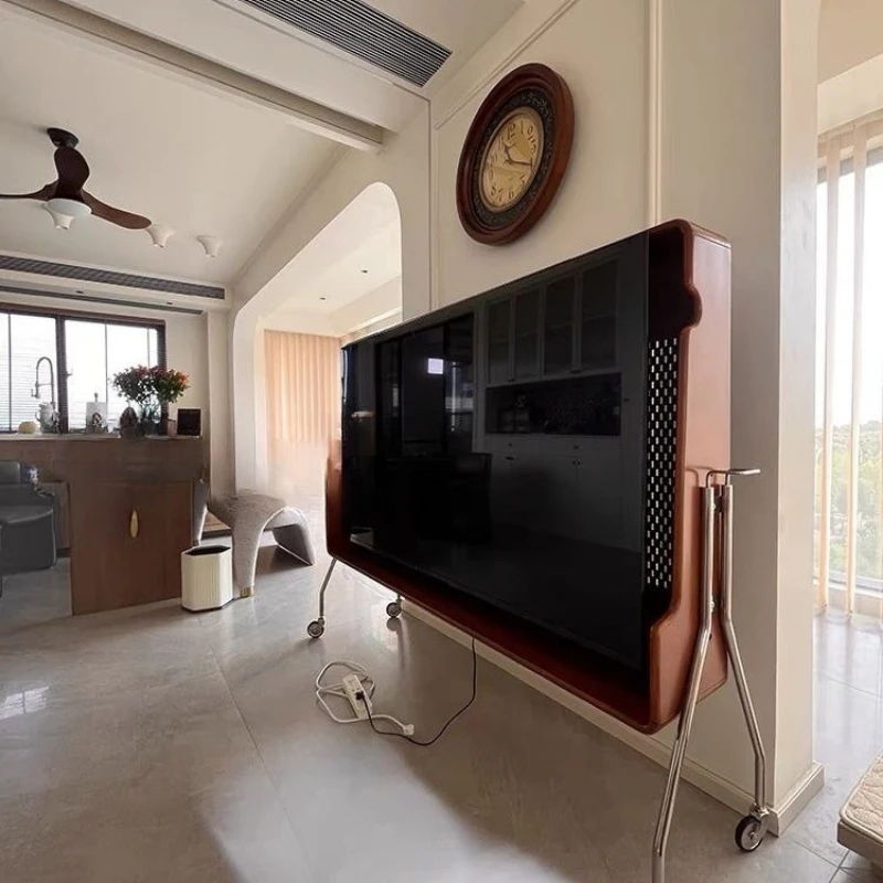 

Movable TV stand, small apartment living room solid wood, retro TV stand, home Internet celebrity floor TV cabinet