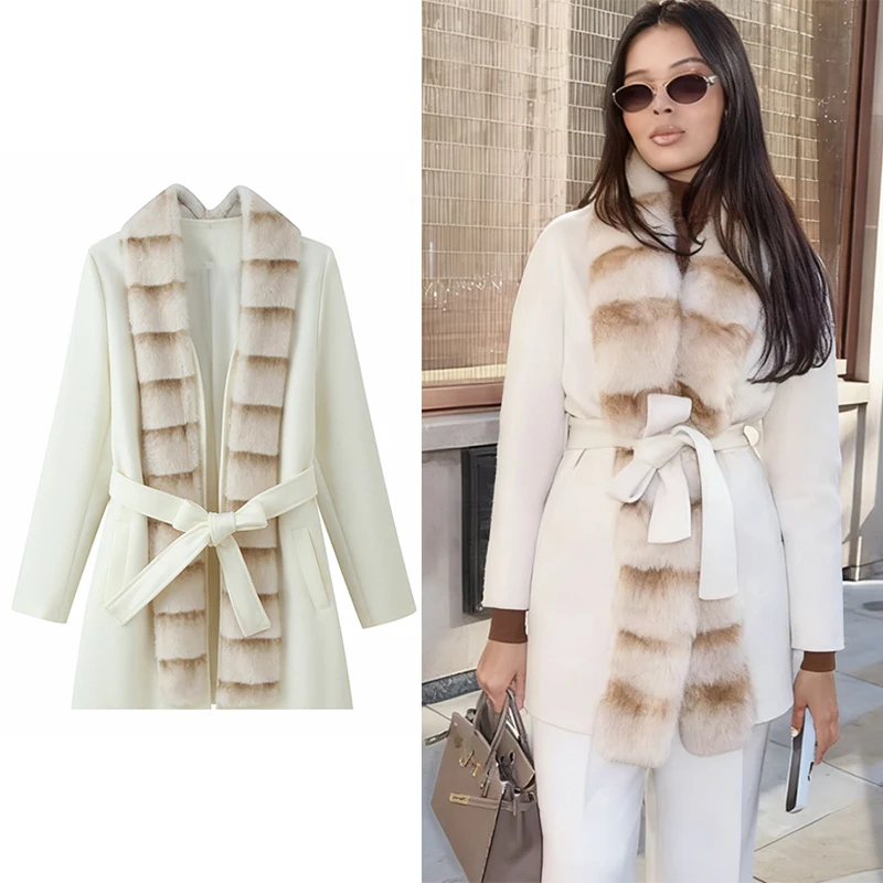 

2025 Winter Women Fashion With Faux Fur Collar Coat Woman Elegant Thick Warm Jacket Long Sleeve Belt Casual New Outerwear ﻿ ﻿