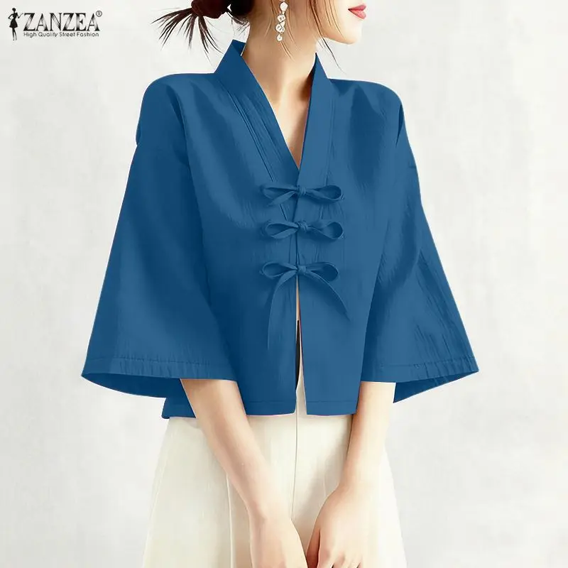 

ZANZEA Women's Vintage Tie-Front Shirts V-Neck 3/4 Sleeve Solid Color Casual Tops Chemises Femme Spring Summer Woman Clothes