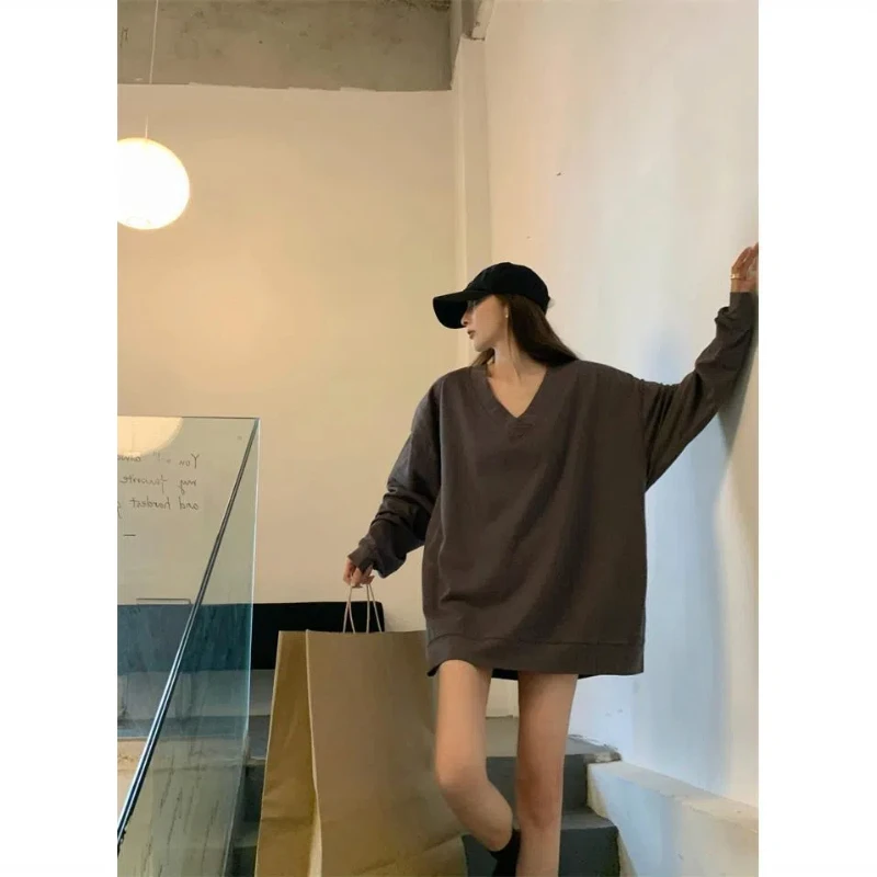 White V-neck Long Sleeve Loose Lazy Style Korean Tops Summer New Simplicity Casual T Shirts Fashion High Street Women Clothing