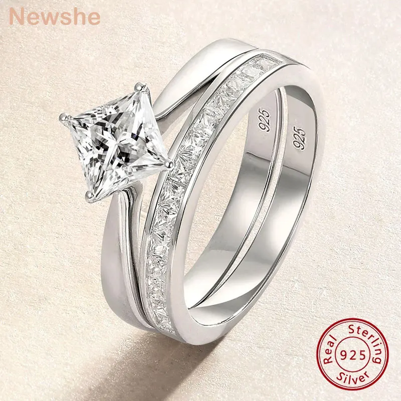 Newshe Rings for Women Anillos Silver 925 Original Jewelry Gold Solitaire Princess Engagement Ring Set CZ Promise Wedding Band