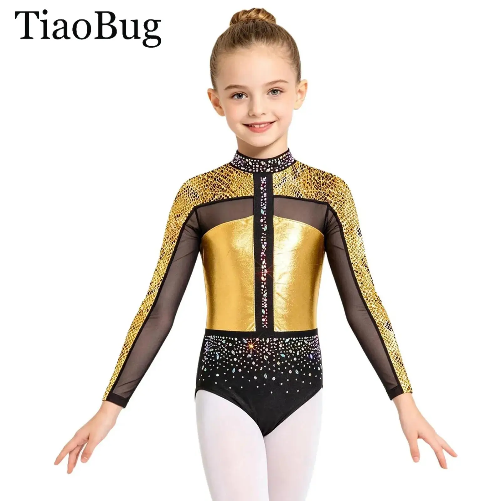 

Kid Girls Sparkle Rhinestones Rhythmic Gymnastics Leotards Long Sleeve Ballet Bodysuit Metallic Athletic Figure Skating Jumpsuit