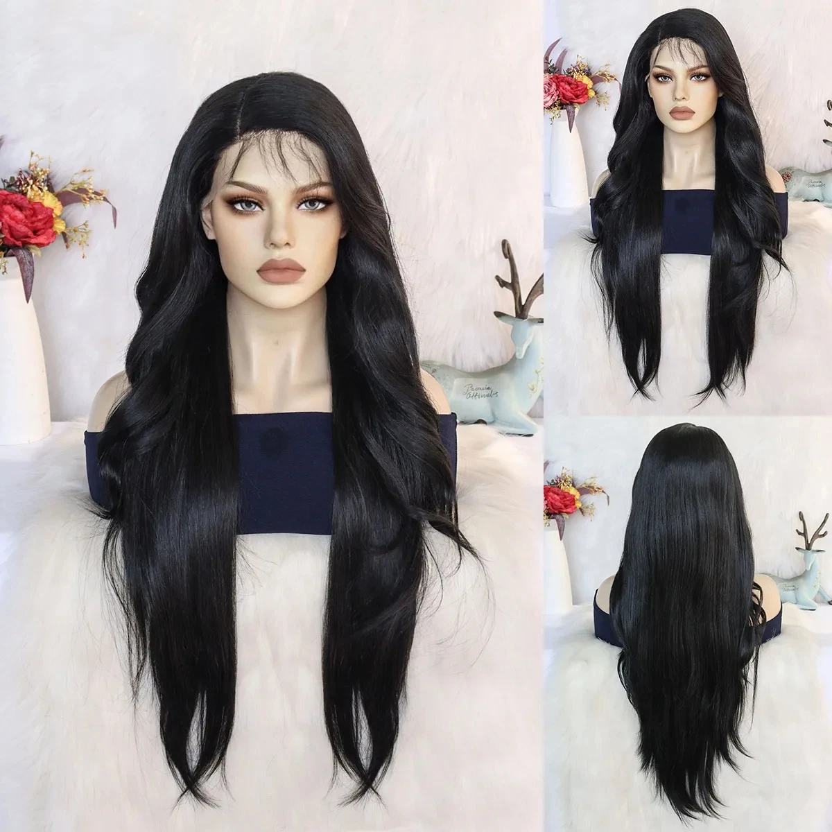 

Синтетический парик фронта шнурка 13*4*1, длинный черный парик фронта шнурка с естественной волной, подходит для женской повседневной вечеринки