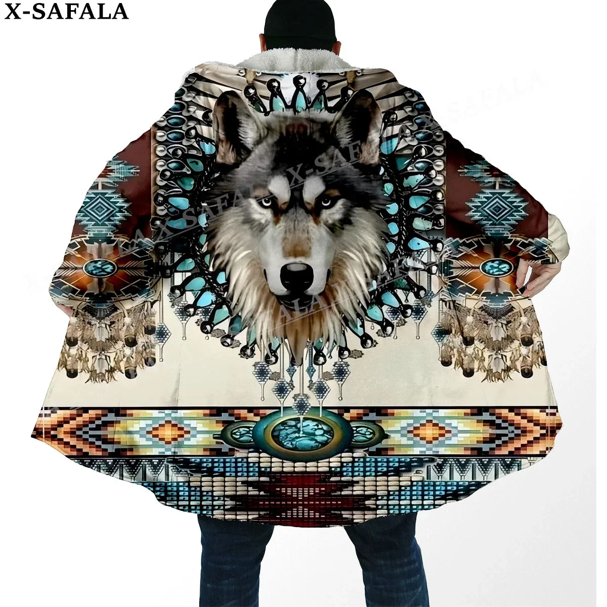 Elegant Native Wolf Spirit Totems Arts Thick Warm Hooded Cloak Men Overcoat Coat Windproof Fleece Cape Robe Hooded Blanket-2