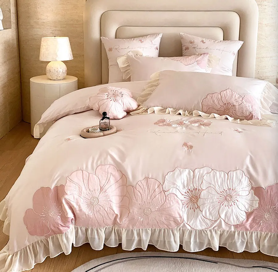 Romantic sweet pink embroidery flower bedding set,full queen king lovely cotton home textile bed sheet pillow case quilt cover