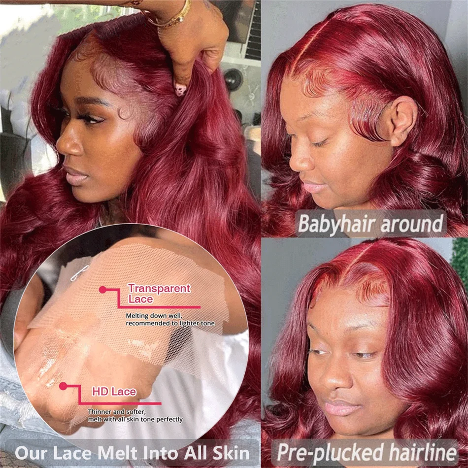 Perruque Lace Front Wig Body Wave Brésilienne Naturelle Remy, Cheveux Humains Colorés, Bordeaux 99J, 13x6 HD, 13x4, pour Femme