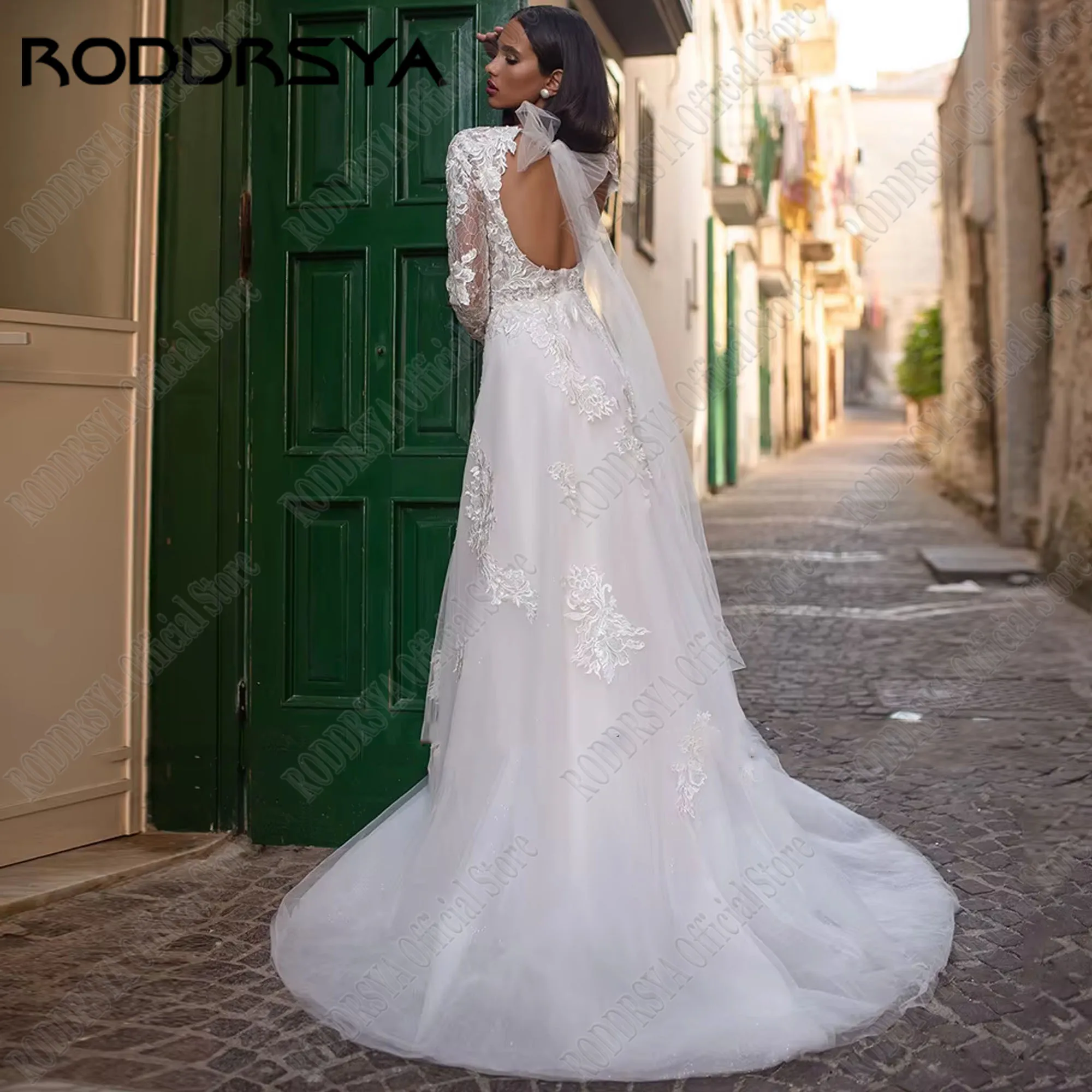 RODDRSYA فساتين زفاف مكشوفة الظهر للعروس فاخرة أكمام طويلة Vestidos De Novia دانتيل زين فساتين زفاف للنساء قطار الاجتياحRoddRSYA العروس ثوب الزفاف الفاخرة طويلة الأكمام سترة دي نوفيا الدانتيل الشارات فستان الزفاف السيد