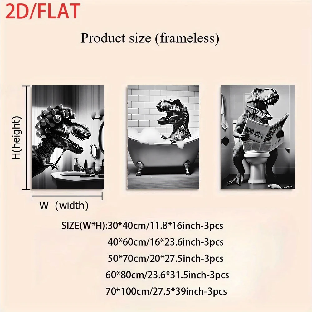 3PCS Frameless,1 set of three-panel bathroom paintings: black and white humorous dinosaurs washing up (frameless, 2D).