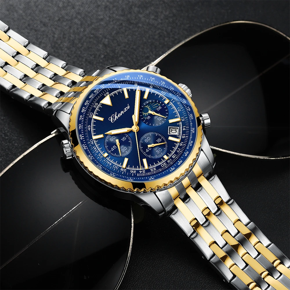 CHENXI, relojes dorados a la moda para hombre, luminoso, resistente al agua, calendario, reloj de cuarzo, esfera redonda, banda de acero inoxidable, relojes para hombre