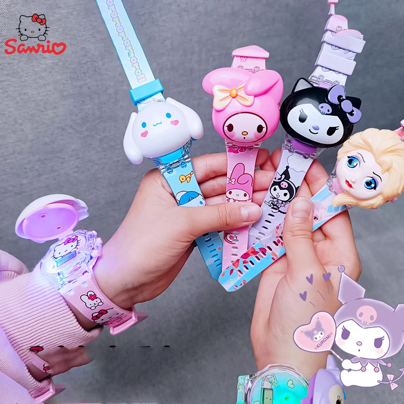 Anime Sanrio 3D Projection Watch Cinnamoroll Kuromi Wrist Watch Hello Kitty My Melody Electronic Watches Flip Kids Toy Gifts