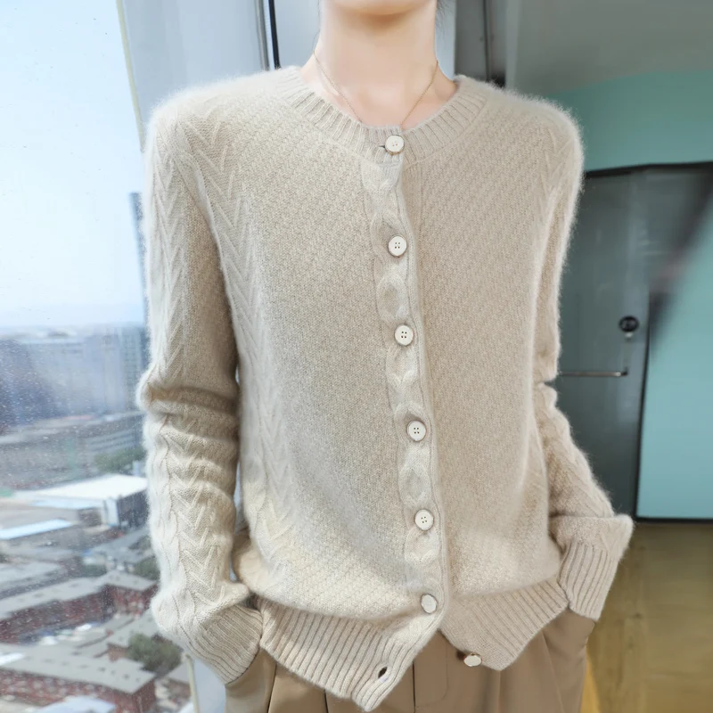 2024New Women's Classic Australian Pure Wool Round Neck Knitted Cardigan Long Sleeve Button Casual High Quality Knitted Sweater 6