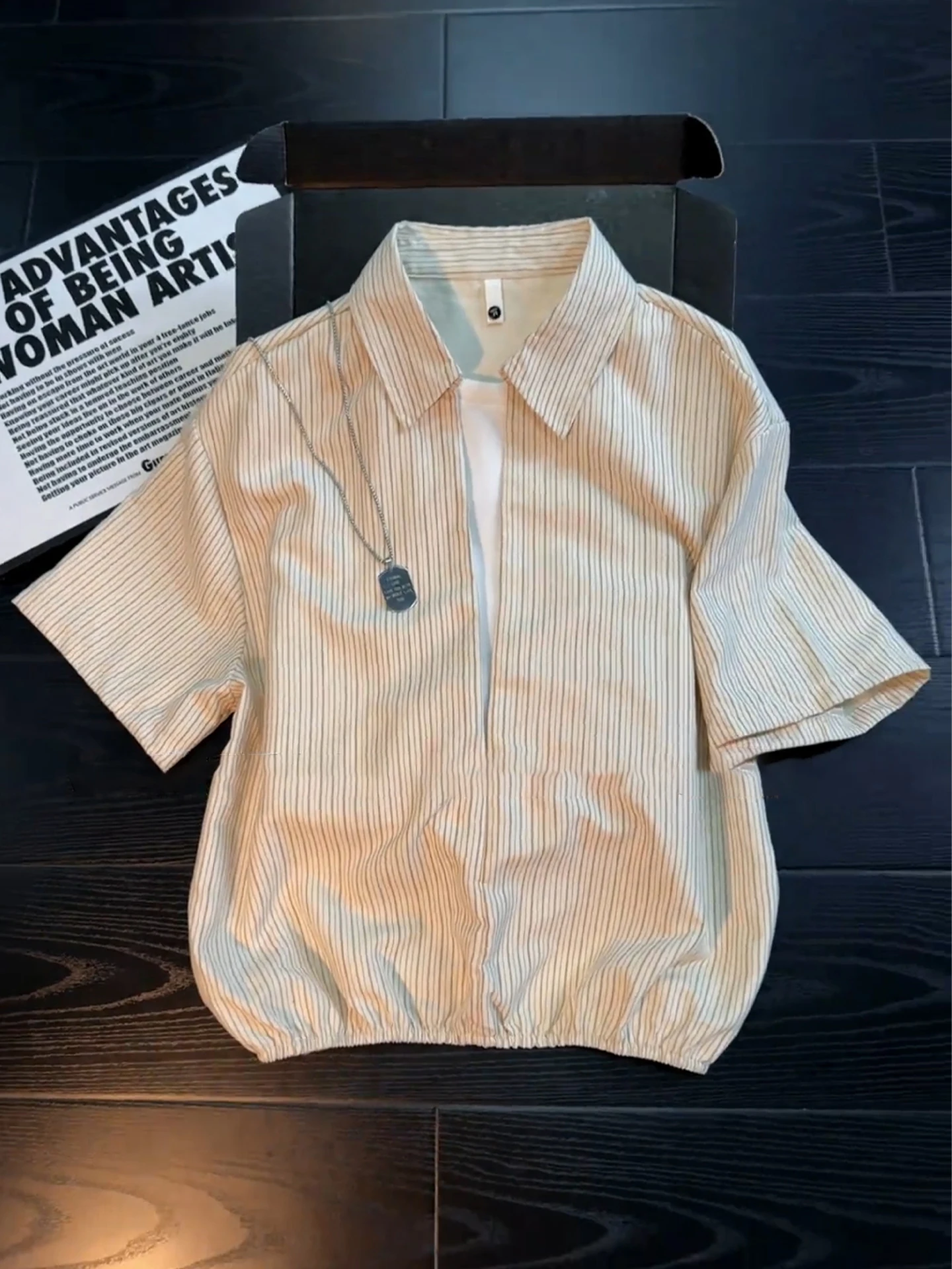 Khaki Stripe Shirt Men's Lightweight Short Sleeve V-Neck T-Shirt Casual Half Sleeve Shirt Breathable Loose Fit Summer Shirt