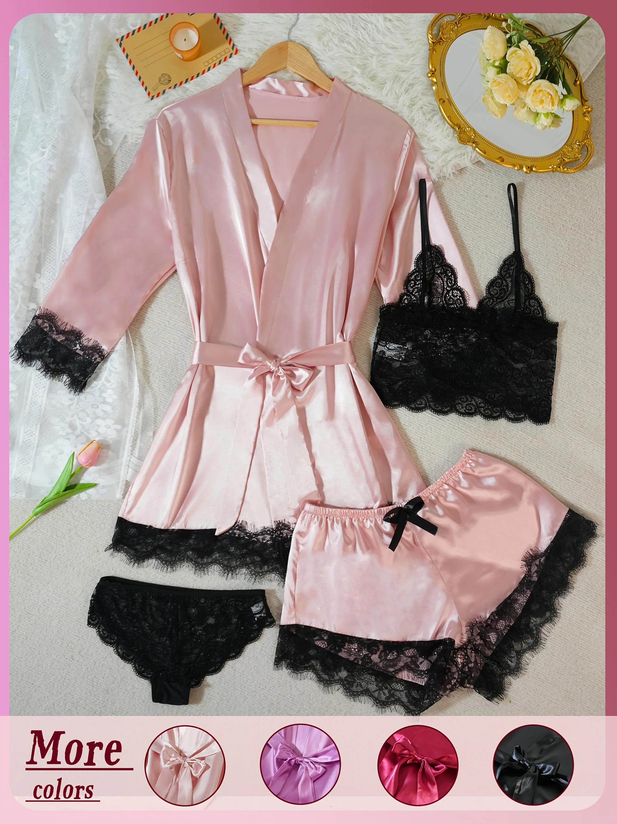 Hot Selling Women 4Pcs Satin Pajama Set Elegant Lace Lingerie Sleepwear with Robe Comfortable Silk Nightwear Sexy Nightgown Pyja