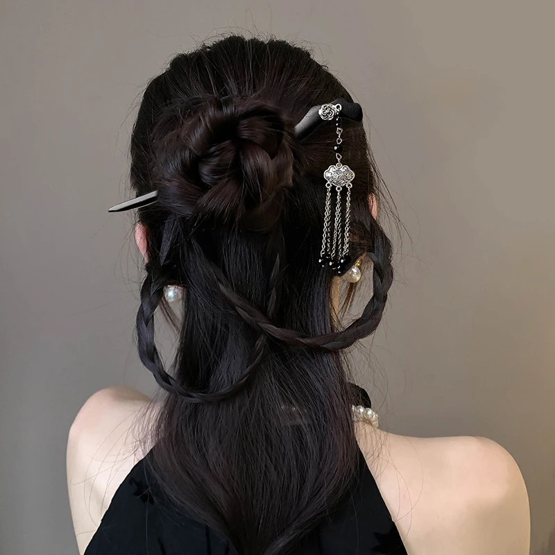 1pc 중국 고대 스타일 잉크 그림 나무 머리핀 하이 엔드 Tassels 편리한 빠른 머리핀 배열 Hanfu Qipao Headwear