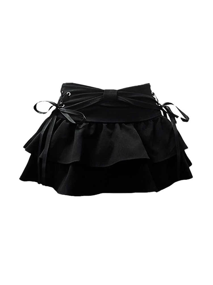 Women's Black Gothic A-line Skirt Vintage Aesthetic Y2k Mini Velvet Skirt Harajuku Korean Emo Skirts 2000s Summer Clothes 2024