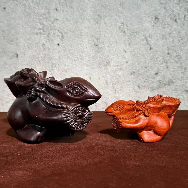 Rosewood Carved Mouse Ornament in Solid Wood Twelve Zodiac Signs Ingot Rat Home Living Room Desktop Decorative Craft